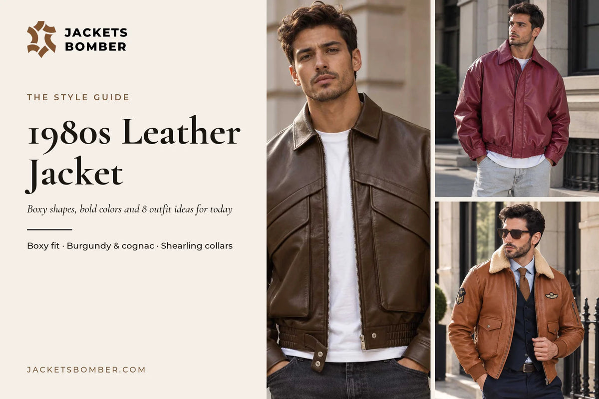1980s leather jacket looks: brown boxy fit leather bomber with a white tee, burgundy racing leather bomber and cognac aviator bomber with a shearling-style collar
