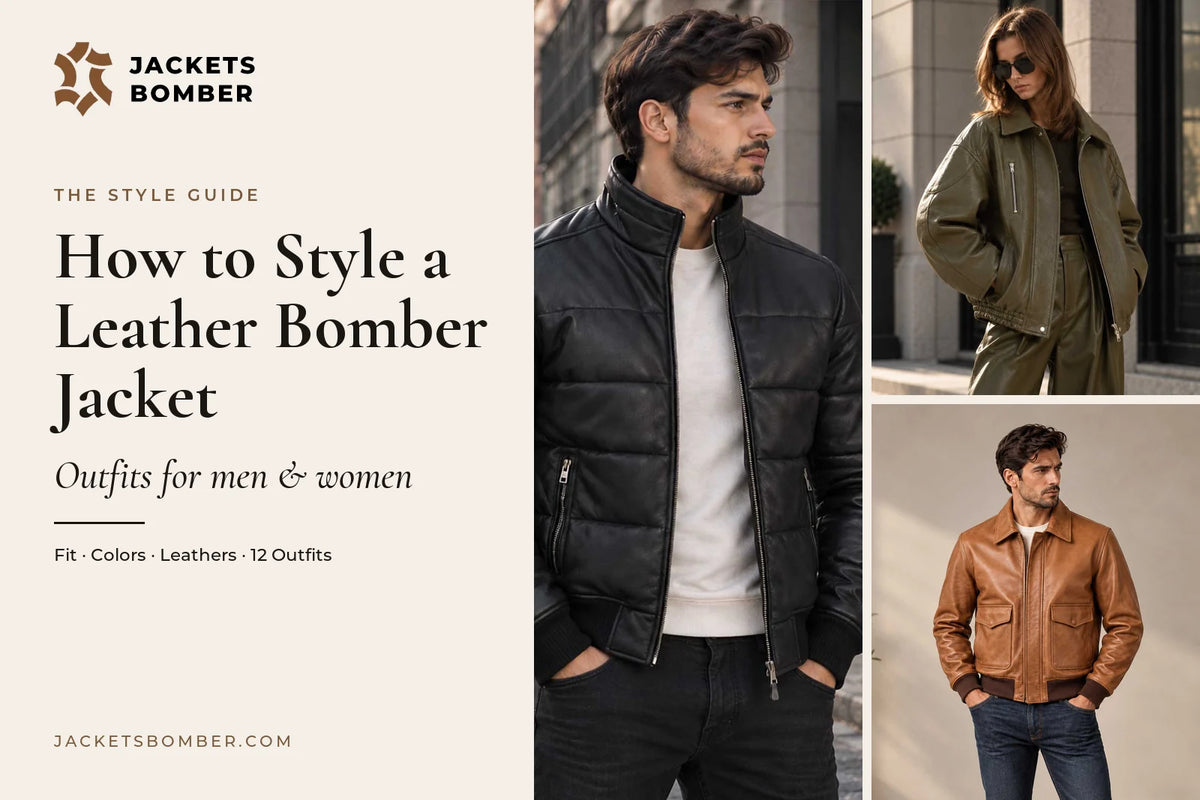 How to style a leather bomber jacket: black leather puffer bomber with a white crewneck and dark jeans, women's olive Nappa bomber and tan A-2 flight jacket