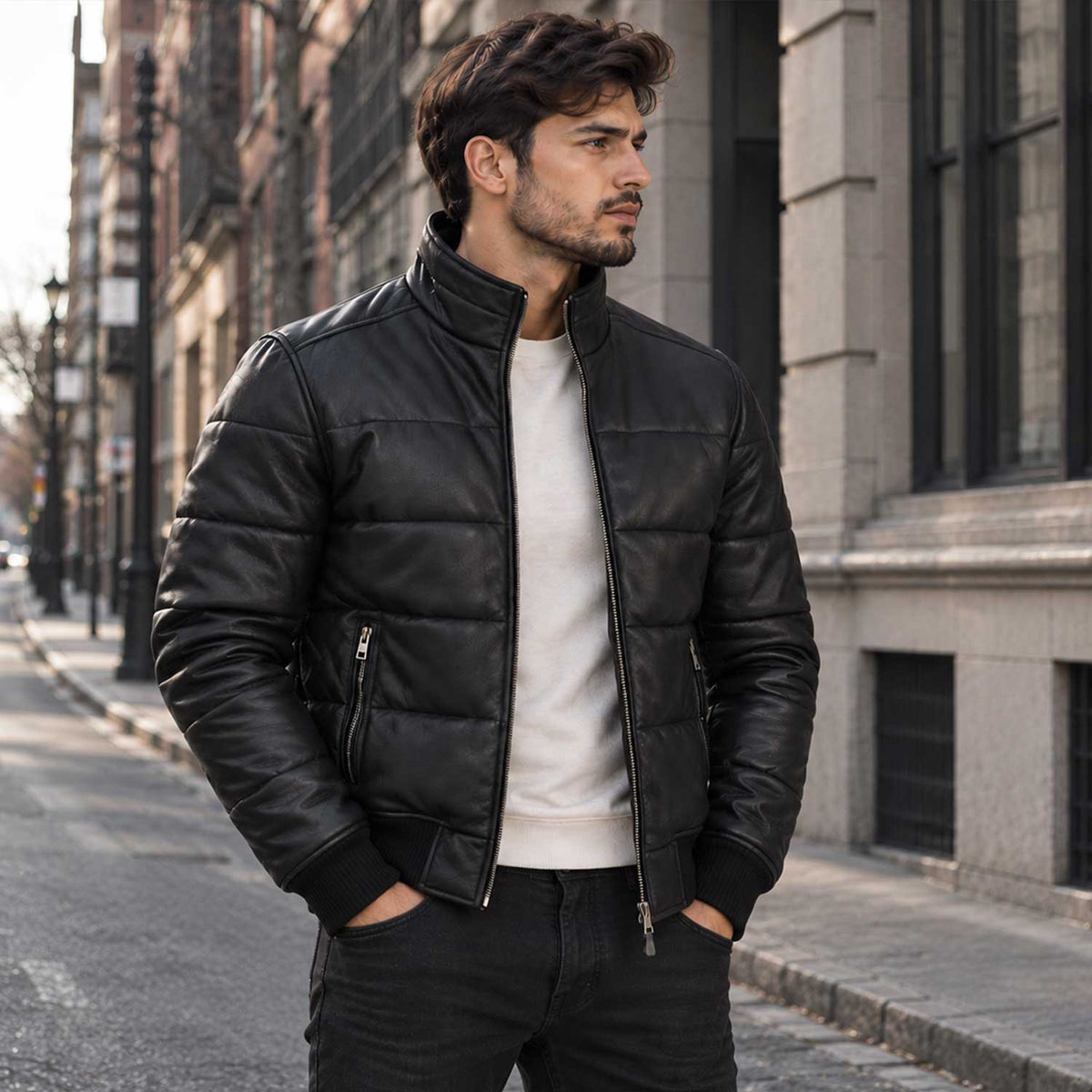 A man wearing a black quilted leather jacket over a white crewneck sweater and dark jeans, standing on a city street with buildings in the background.