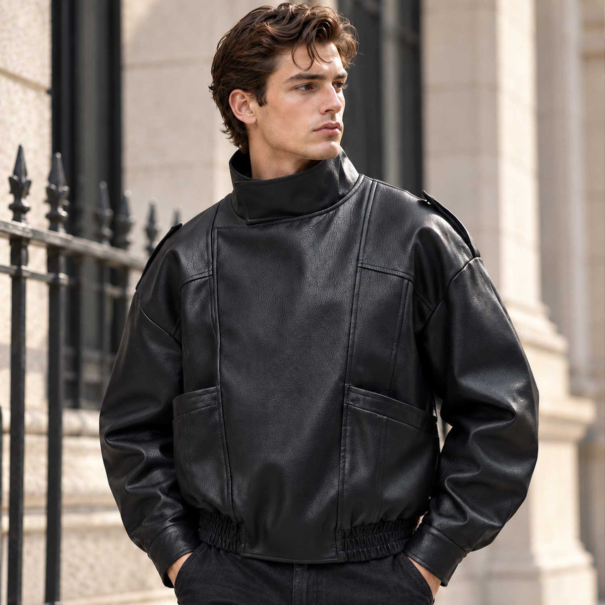 black leather jacket
mens biker jacket
funnel neck jacket
boxy leather jacket
genuine leather
black biker jacket
mens leather coat
leather outerwear
high neck jacket
streetwear jacket
moto leather jacket
mens black jacket
boxy biker jacket