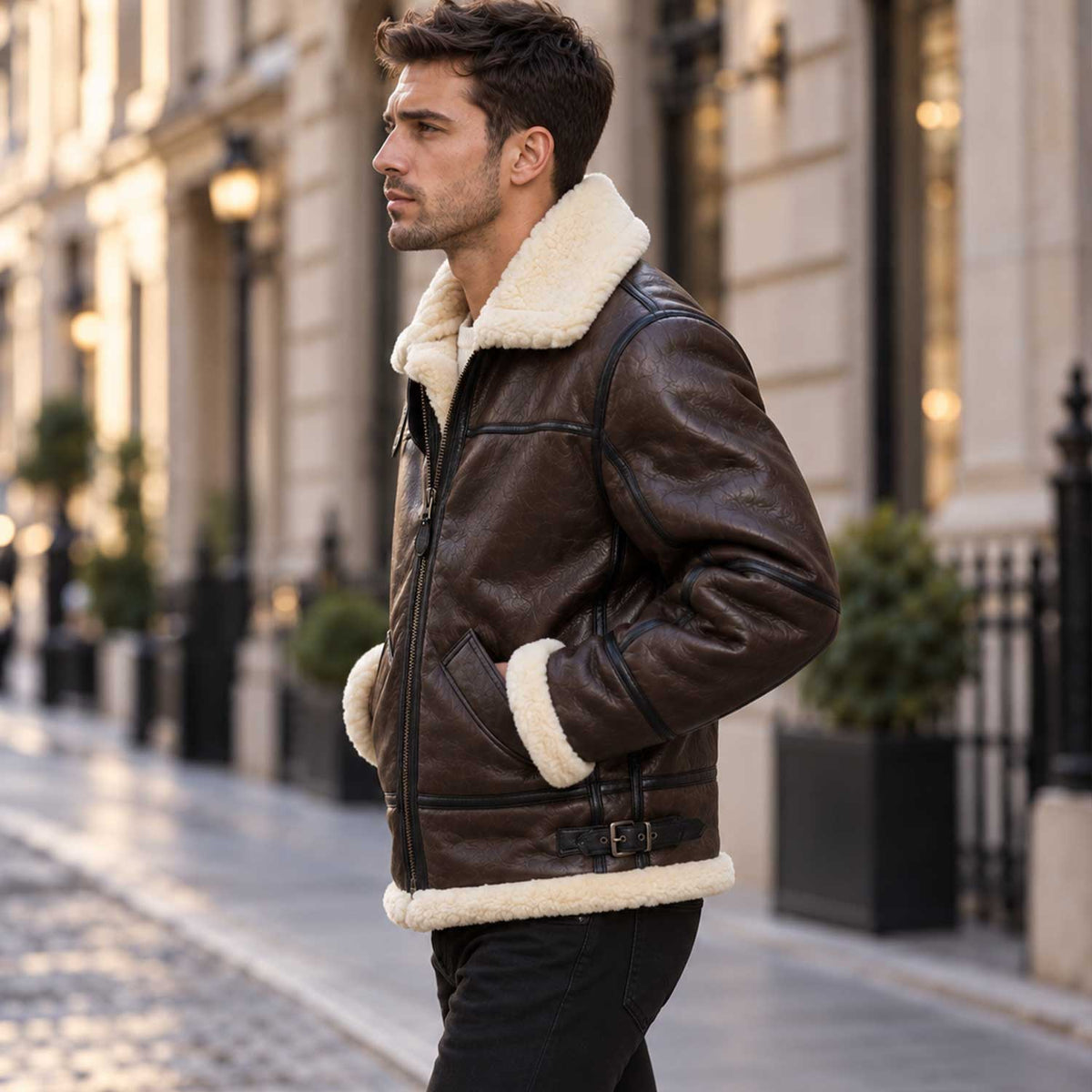 Brown Shearling Leather Aviator Jacket