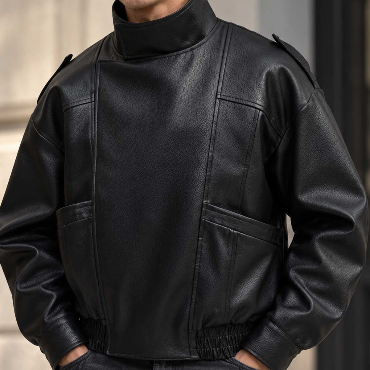 black leather jacket
mens biker jacket
funnel neck jacket
boxy leather jacket
genuine leather
black biker jacket
mens leather coat
leather outerwear
high neck jacket
streetwear jacket
moto leather jacket
mens black jacket
boxy biker jacket