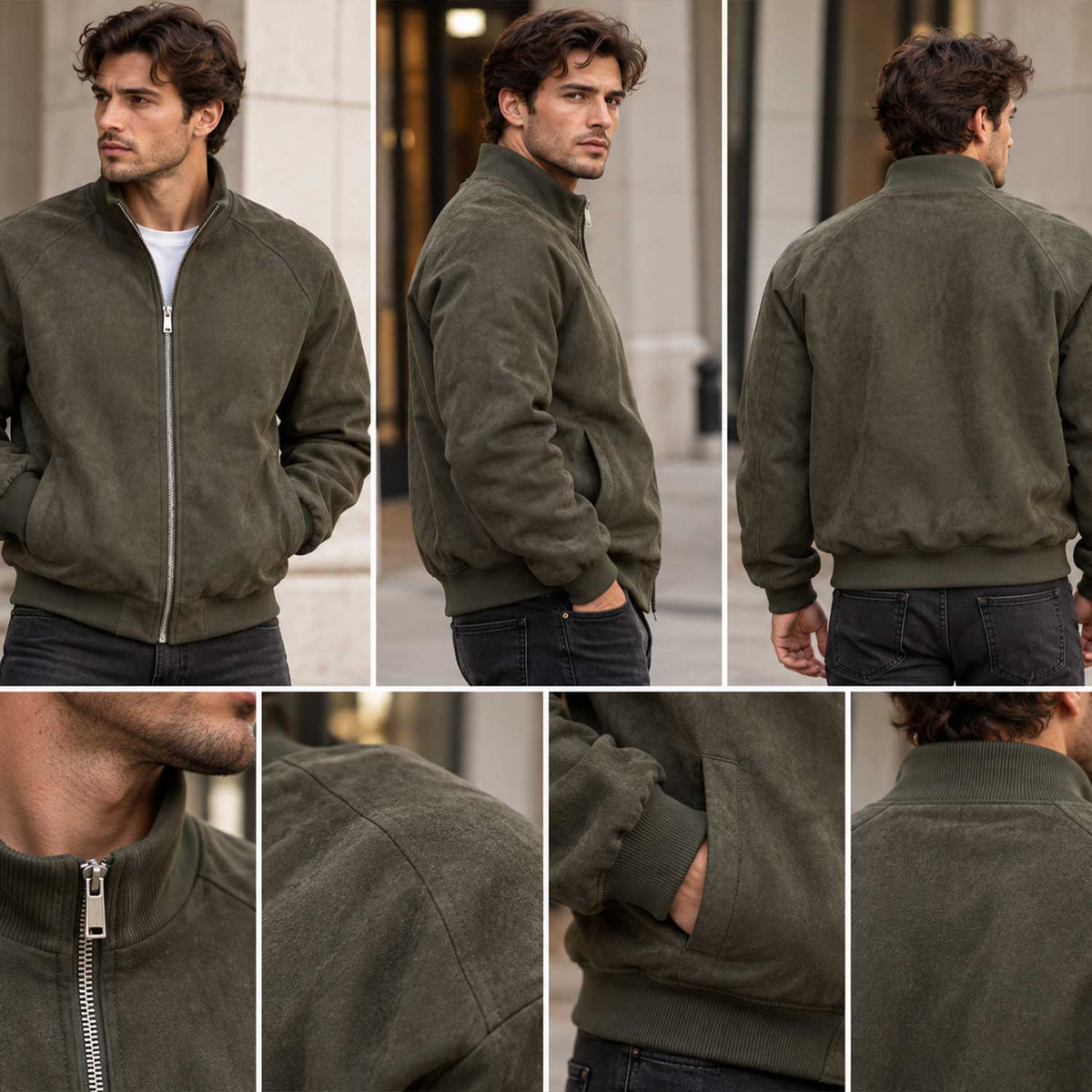 Men’s Olive Genuine Suede Leather Funnel Neck Bomber Jacket