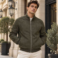 Men’s Olive Genuine Suede Leather Funnel Neck Bomber Jacket