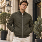 Men’s Olive Genuine Suede Leather Funnel Neck Bomber Jacket