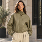 khaki leather jacket
sheepskin jacket
funnel neck jacket
oversized jacket
womens leather
leather bomber
high neck jacket
khaki jacket
genuine leather
zip pocket jacket
waist length jacket
minimalist jacket
womens outerwear