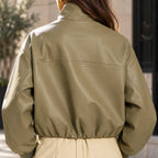 khaki leather jacket
sheepskin jacket
funnel neck jacket
oversized jacket
womens leather
leather bomber
high neck jacket
khaki jacket
genuine leather
zip pocket jacket
waist length jacket
minimalist jacket
womens outerwear