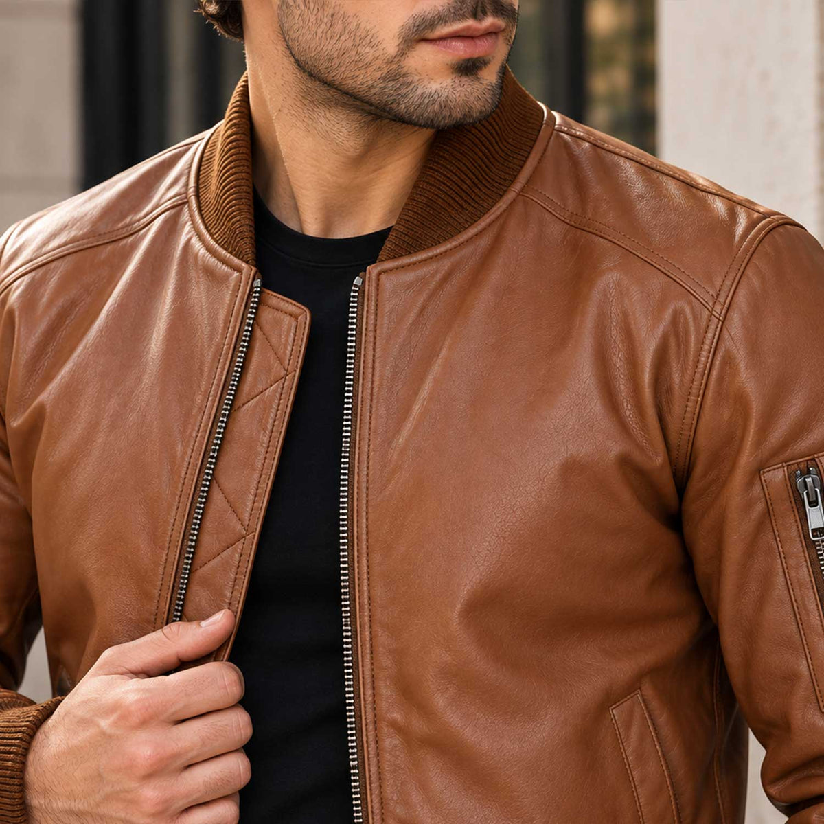 AeroForge Brown Leather Bomber Jacket – Premium Cowhide