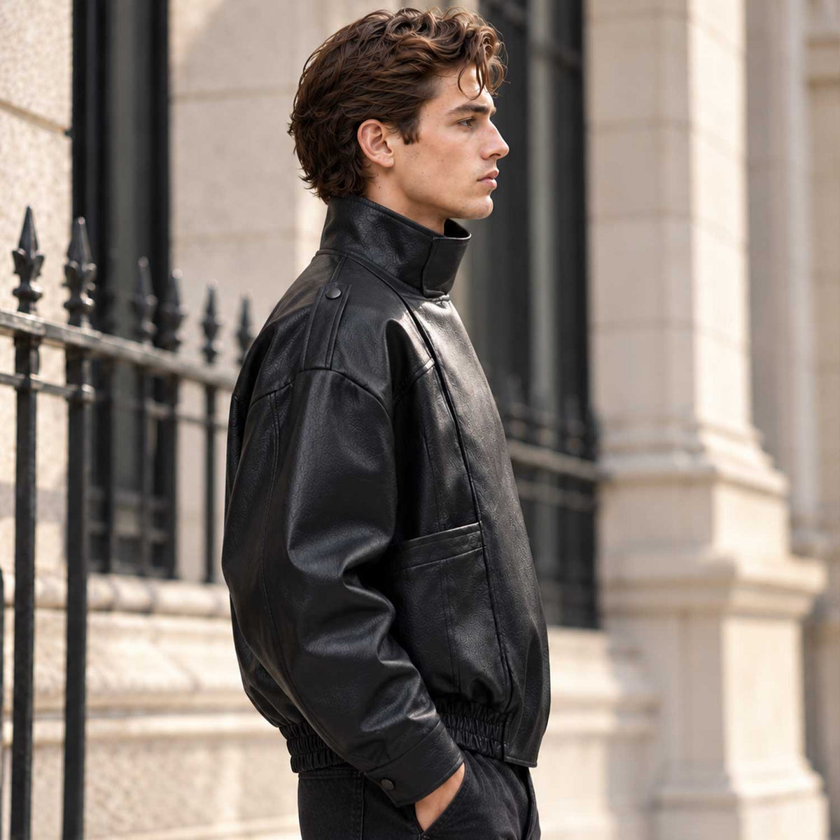 A man wearing a black leather jacket with a high collar, photographed from the side against a stone building and black wrought-iron fence.