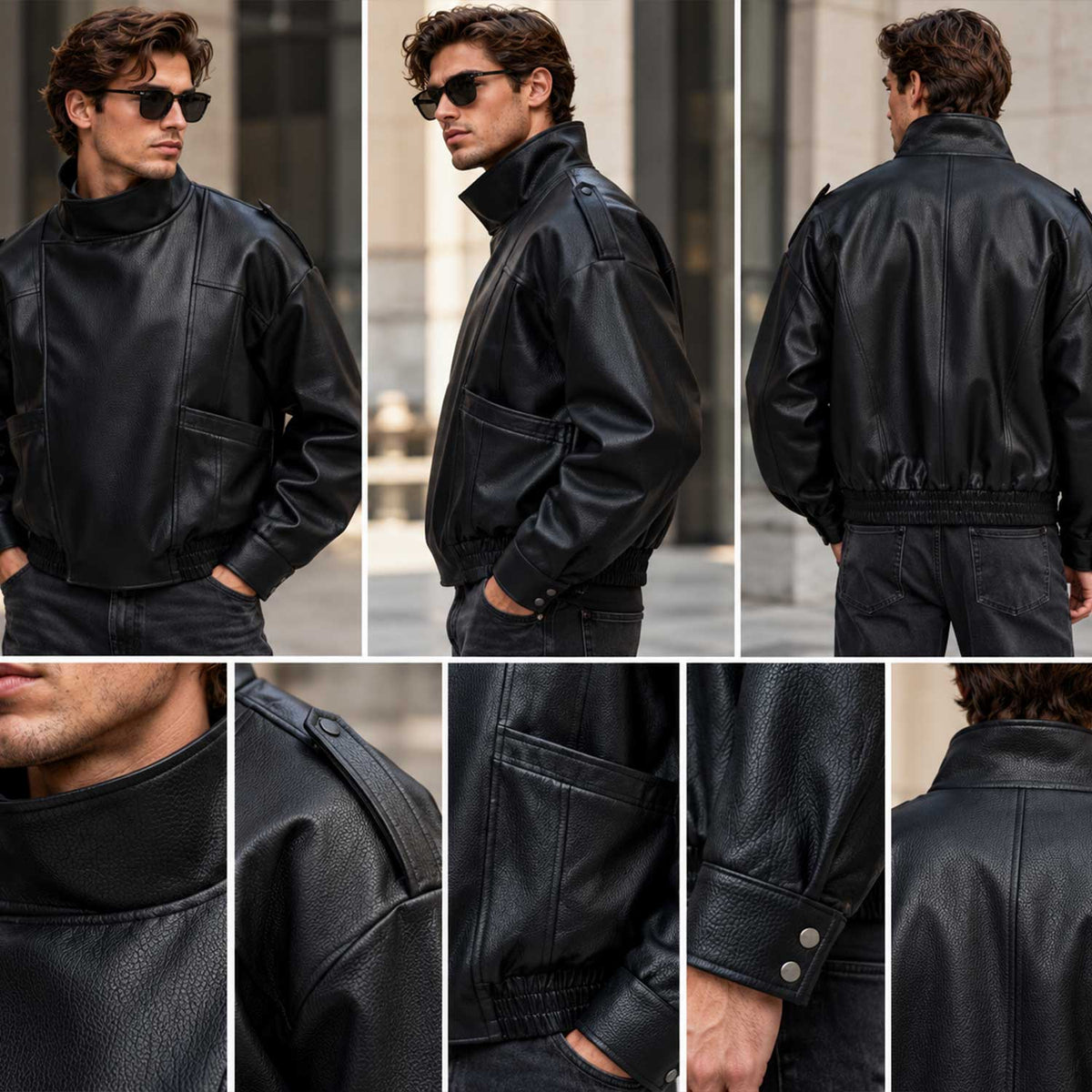 black leather jacket
mens biker jacket
funnel neck jacket
boxy leather jacket
genuine leather
black biker jacket
mens leather coat
leather outerwear
high neck jacket
streetwear jacket
moto leather jacket
mens black jacket
boxy biker jacket