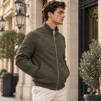Men’s Olive Genuine Suede Leather Funnel Neck Bomber Jacket