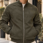Men’s Olive Genuine Suede Leather Funnel Neck Bomber Jacket