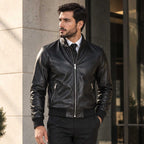 Mens Black Leather Bomber Jacket — Full-Grain Lamb Leather