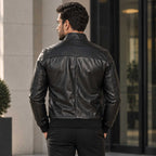 Mens Black Leather Bomber Jacket — Full-Grain Lamb Leather