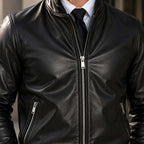 Mens Black Leather Bomber Jacket — Full-Grain Lamb Leather