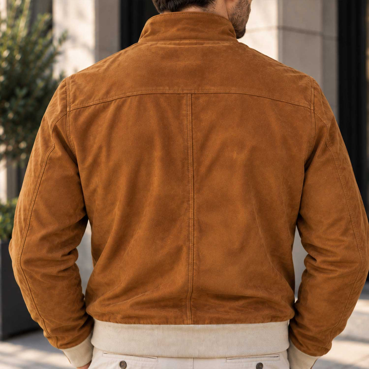 Men's Tan Suede Lamb Leather Bomber Jacket with Korean Collar