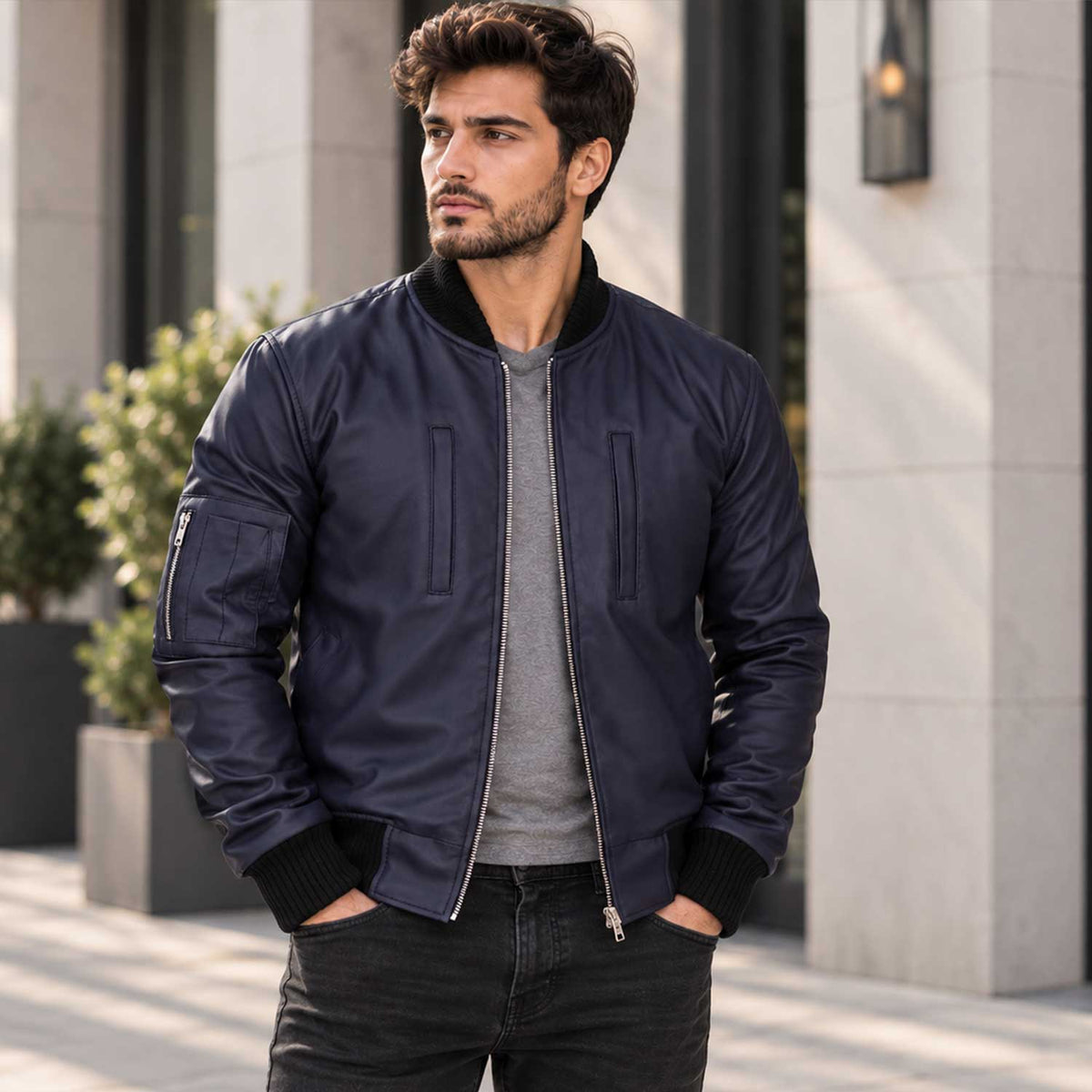 navy leather

varsity jacket

leather bomber

mens bomber

blue leather

sheepskin jacket

navy bomber

mens leather

flight jacket

bomber jacket men

varsity bomber

navy blue jacket