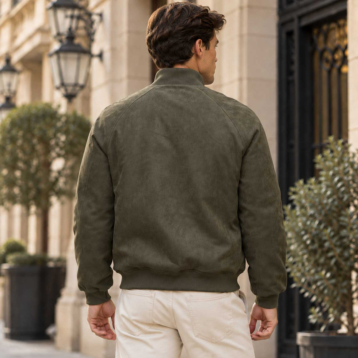 Men’s Olive Genuine Suede Leather Funnel Neck Bomber Jacket