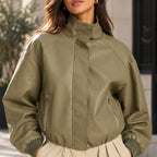 khaki leather jacket
sheepskin jacket
funnel neck jacket
oversized jacket
womens leather
leather bomber
high neck jacket
khaki jacket
genuine leather
zip pocket jacket
waist length jacket
minimalist jacket
womens outerwear