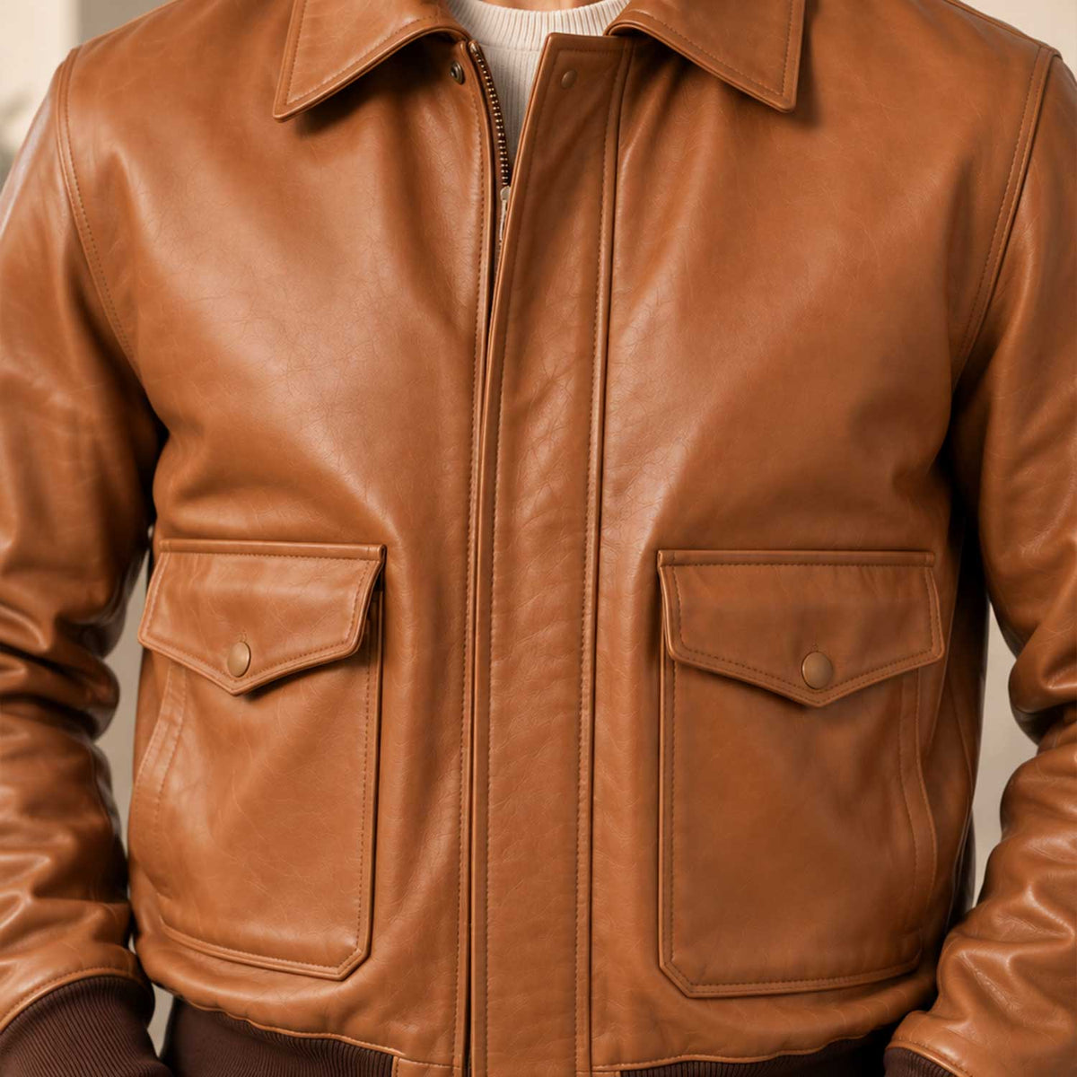 Tan A-2 Full-Grain Sheepskin Leather Bomber Jacket for Men