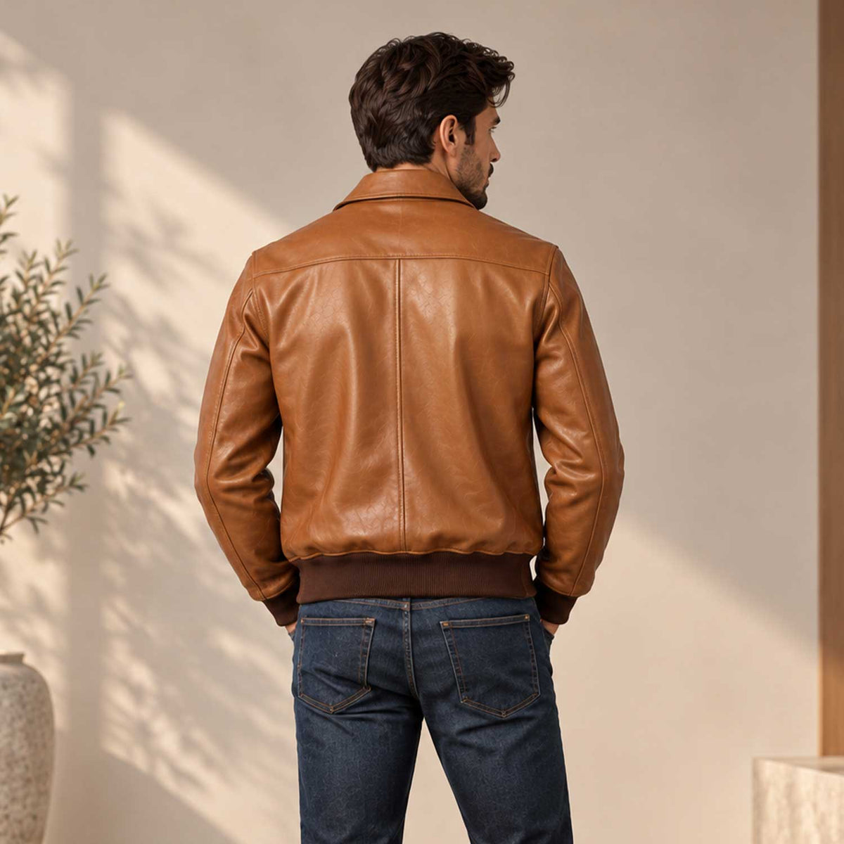 Tan A-2 Full-Grain Sheepskin Leather Bomber Jacket for Men