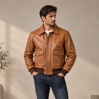 Tan A-2 Full-Grain Sheepskin Leather Bomber Jacket for Men