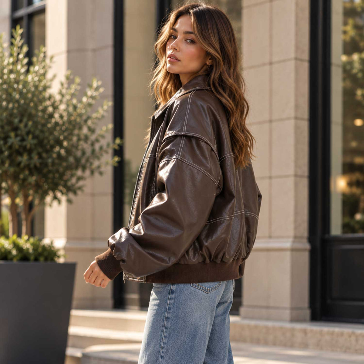 sheepskin jacket, leather bomber, brown leather coat, oversized jacket, contrast stitch, womens bomber, genuine leather, chocolate brown, petite bomber, vintage bomber, streetwear jacket, leather outerwear, boxy leather jacket