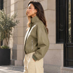 khaki leather jacket
sheepskin jacket
funnel neck jacket
oversized jacket
womens leather
leather bomber
high neck jacket
khaki jacket
genuine leather
zip pocket jacket
waist length jacket
minimalist jacket
womens outerwear