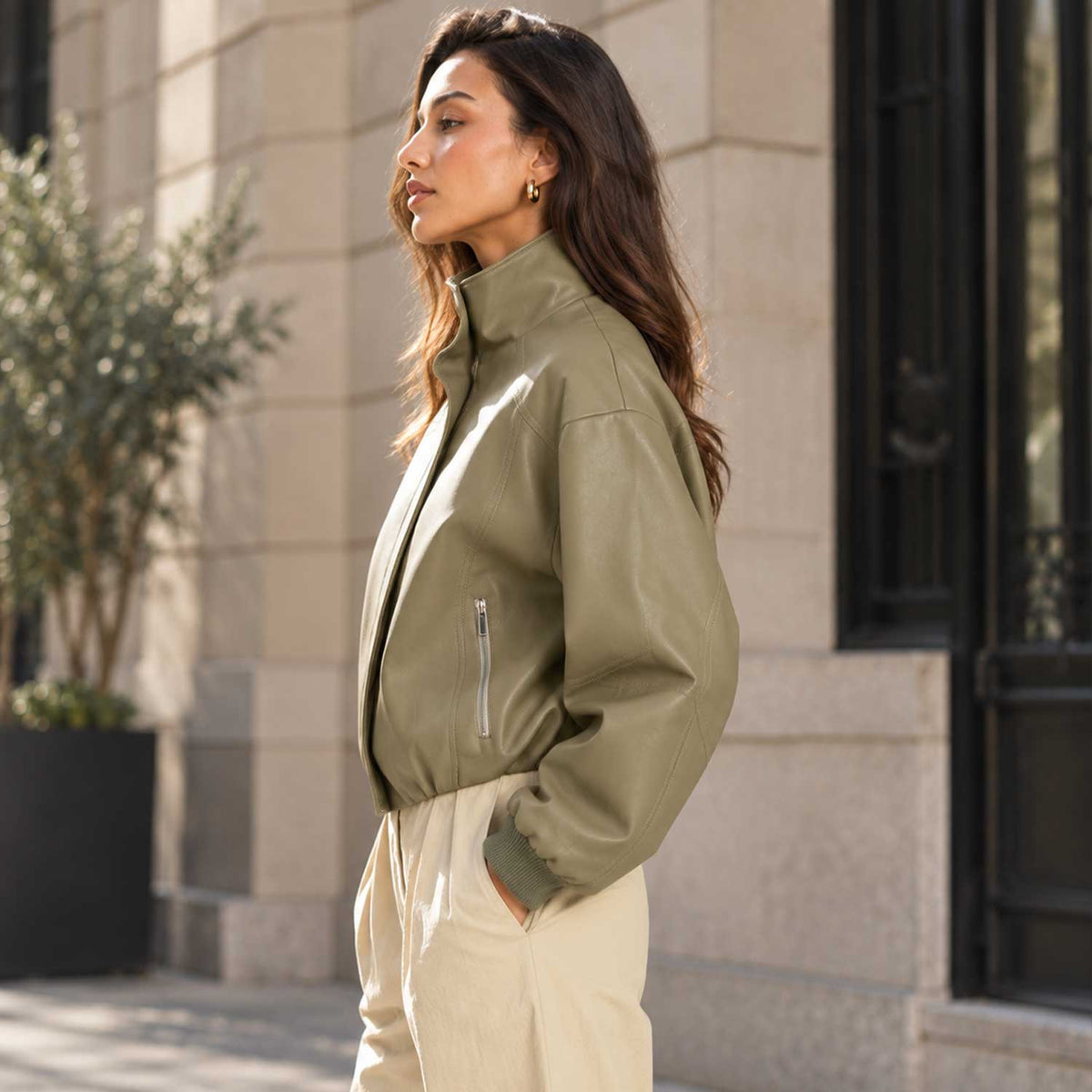 khaki leather jacket
sheepskin jacket
funnel neck jacket
oversized jacket
womens leather
leather bomber
high neck jacket
khaki jacket
genuine leather
zip pocket jacket
waist length jacket
minimalist jacket
womens outerwear