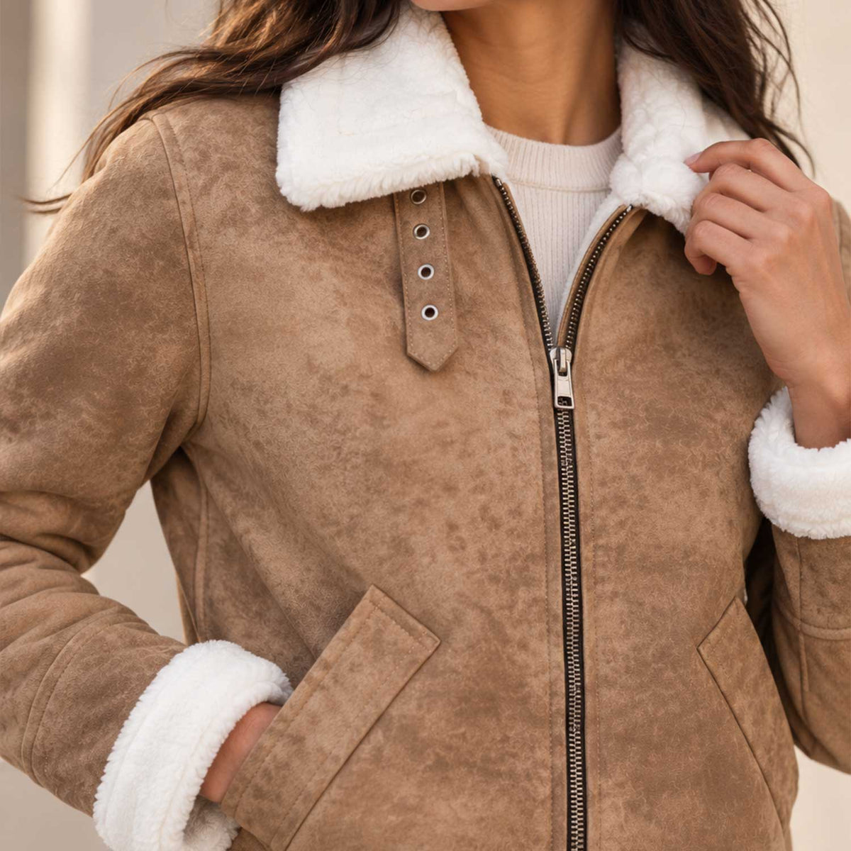 Aurelia Luxe Women's Shearling Leather Bomber Jacket – Distressed Brown