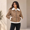 Aurelia Luxe Women's Shearling Leather Bomber Jacket – Distressed Brown