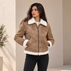 Aurelia Luxe Women's Shearling Leather Bomber Jacket – Distressed Brown