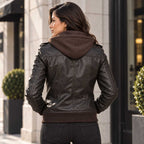 Rosalique Luxe Women's Leather Bomber Jacket With Hood – Dark Brown