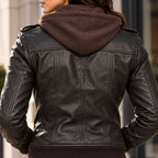 Rosalique Luxe Women's Leather Bomber Jacket With Hood – Dark Brown