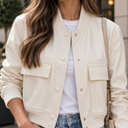 white leather

cropped bomber

womens bomber

leather bomber

sheepskin jacket

cropped jacket

varsity jacket

white bomber

leather jacket

button jacket

womens leather

stand collar

streetwear jacket