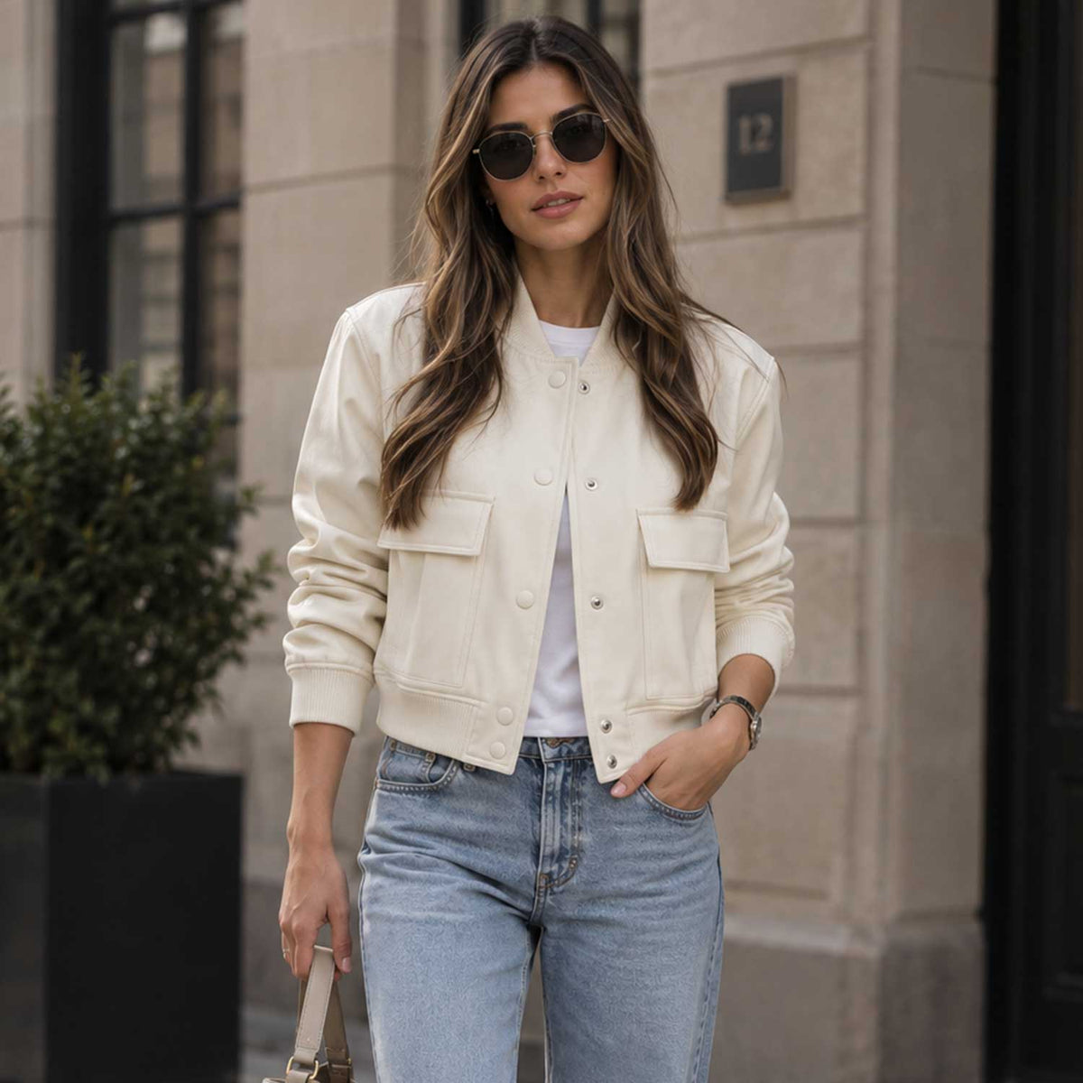 white leather

cropped bomber

womens bomber

leather bomber

sheepskin jacket

cropped jacket

varsity jacket

white bomber

leather jacket

button jacket

womens leather

stand collar

streetwear jacket