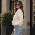 Women's White Cropped Sheepskin Leather Bomber Jacket