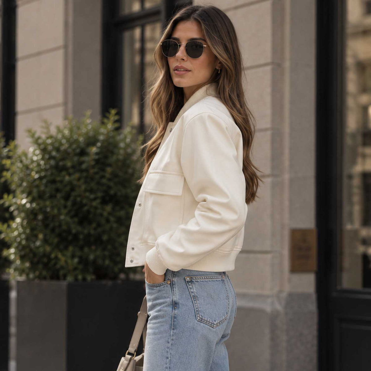 Women's White Cropped Sheepskin Leather Bomber Jacket