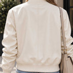 white leather

cropped bomber

womens bomber

leather bomber

sheepskin jacket

cropped jacket

varsity jacket

white bomber

leather jacket

button jacket

womens leather

stand collar

streetwear jacket