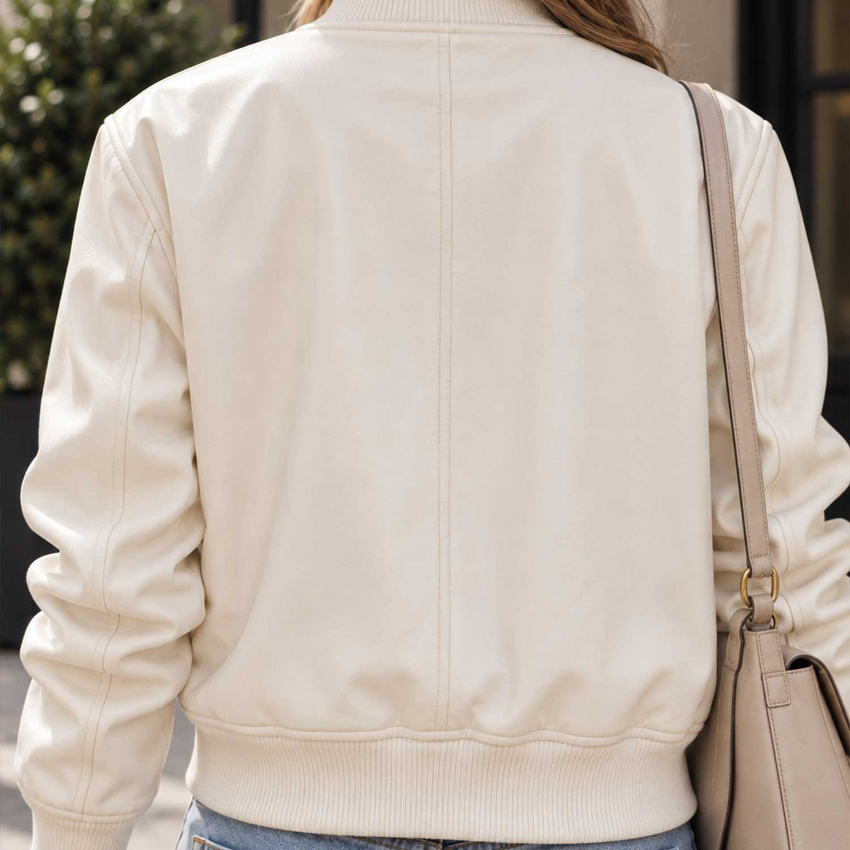 white leather

cropped bomber

womens bomber

leather bomber

sheepskin jacket

cropped jacket

varsity jacket

white bomber

leather jacket

button jacket

womens leather

stand collar

streetwear jacket