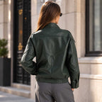 Women's Dark Green Sheepskin Leather Oversized Bomber Jacket with Stand Collar
