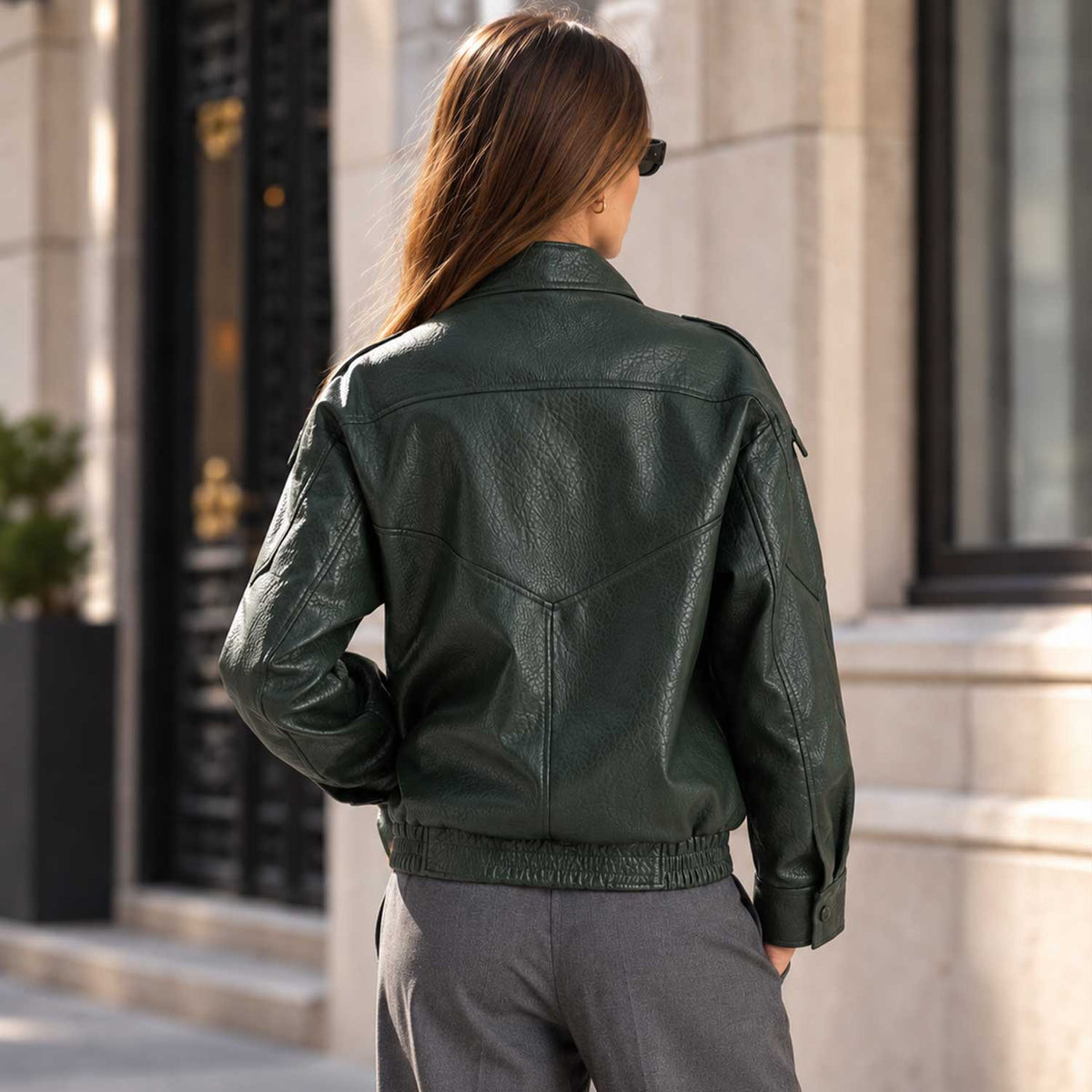 Women's Dark Green Sheepskin Leather Oversized Bomber Jacket with Stand Collar