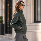 Women's Dark Green Sheepskin Leather Oversized Bomber Jacket with Stand Collar