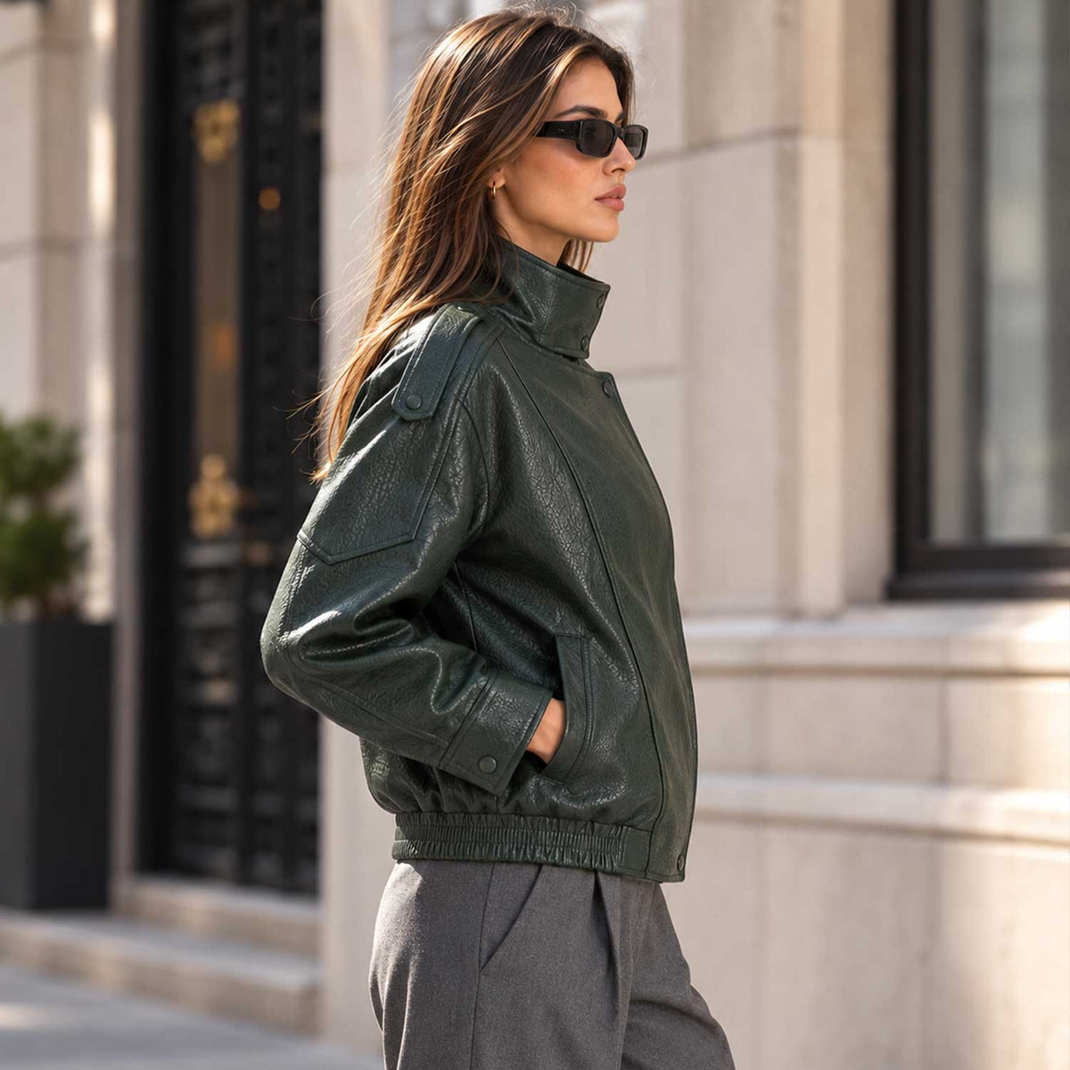 Women's Dark Green Sheepskin Leather Oversized Bomber Jacket with Stand Collar