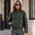 Women's Dark Green Sheepskin Leather Oversized Bomber Jacket with Stand Collar
