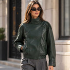 Women's Dark Green Sheepskin Leather Oversized Bomber Jacket with Stand Collar