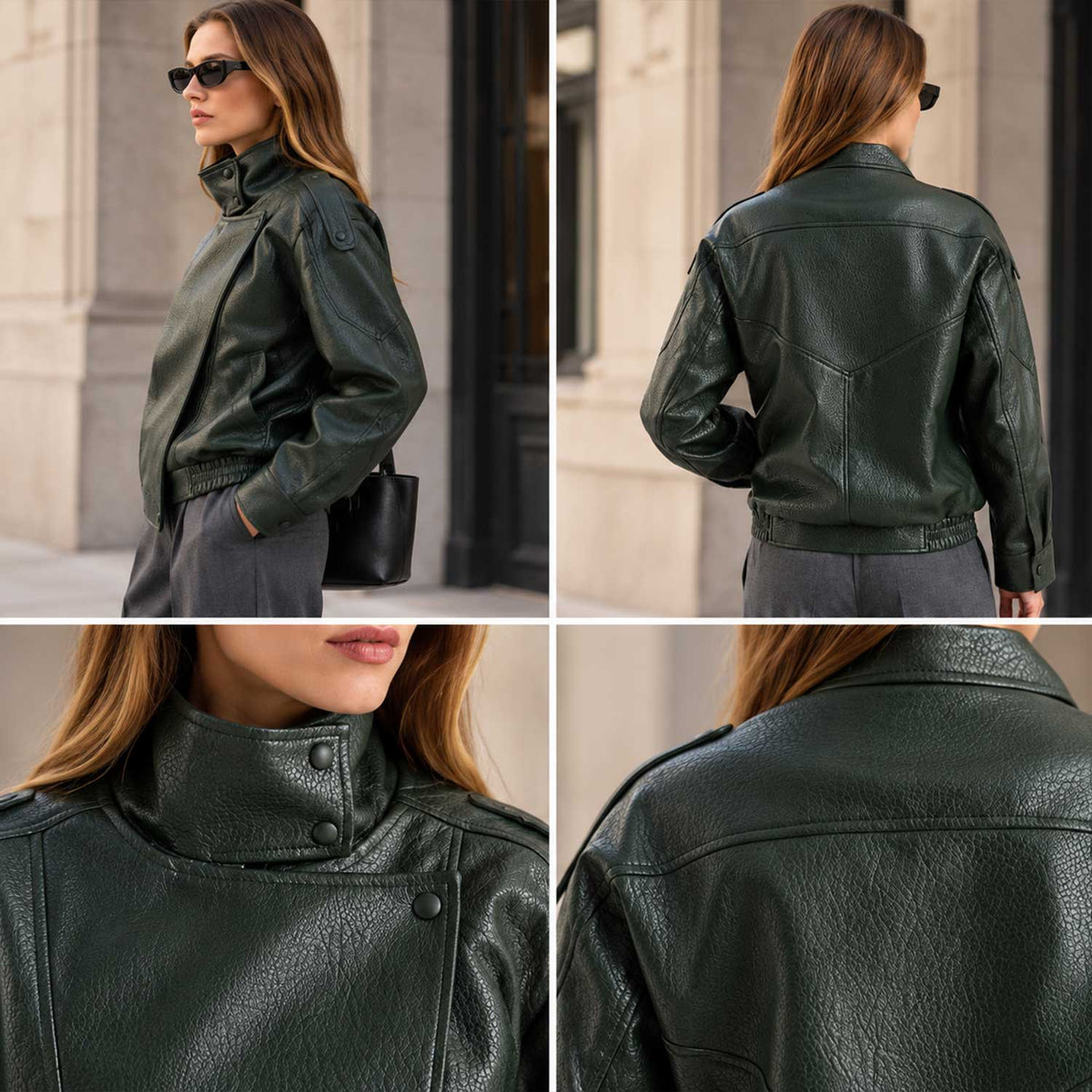 Women's Dark Green Sheepskin Leather Oversized Bomber Jacket with Stand Collar